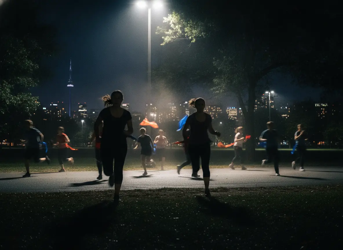 Capture the Flag (After Dark) at Riverdale Park East, floodlit at night