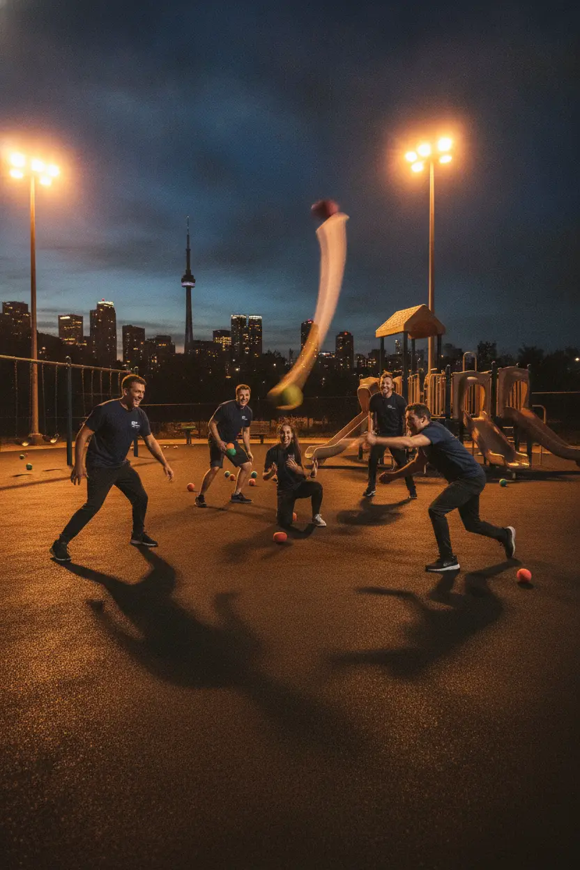 A corporate team playing a rowdy game under floodlights