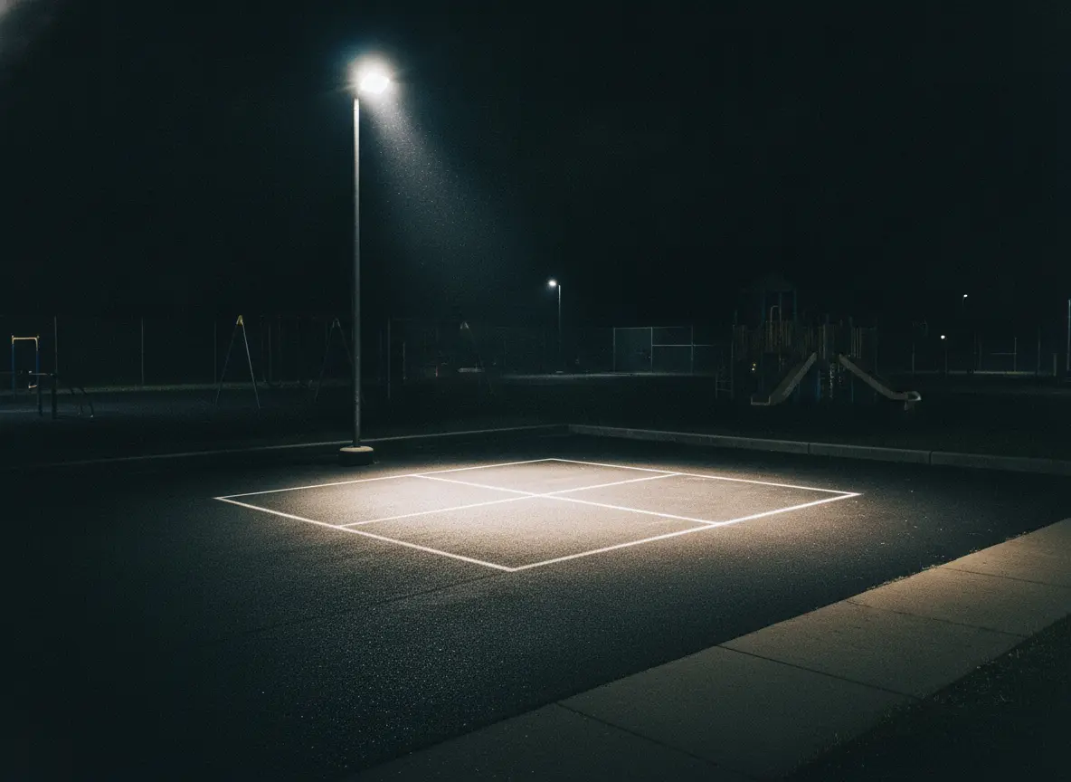 Four-Square Showdown at Dufferin Grove Park, floodlit at night