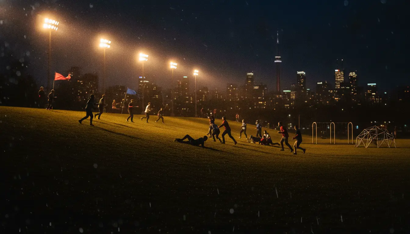 A floodlit Toronto schoolyard field at night with adults playing a rowdy game and the city skyline behind